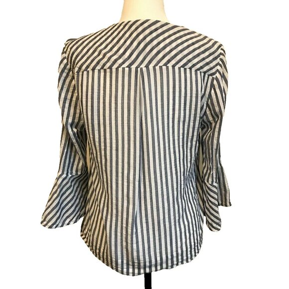 CHICO'S Fluted Sleeve Blouse Top Size 1 Cotton White Blue Striped Notch Neckline - Picture 5 of 7